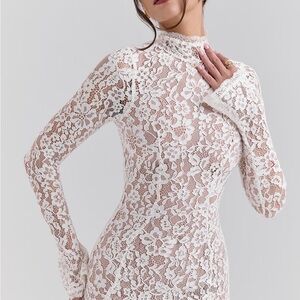 House of CB: SOPHIA Vintage Ivory Lace Fitted Midi Dress